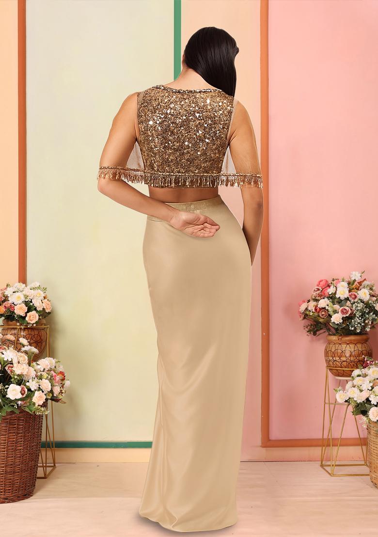 Beige Sequin Embroidered Blouse Fusion Set - Indya