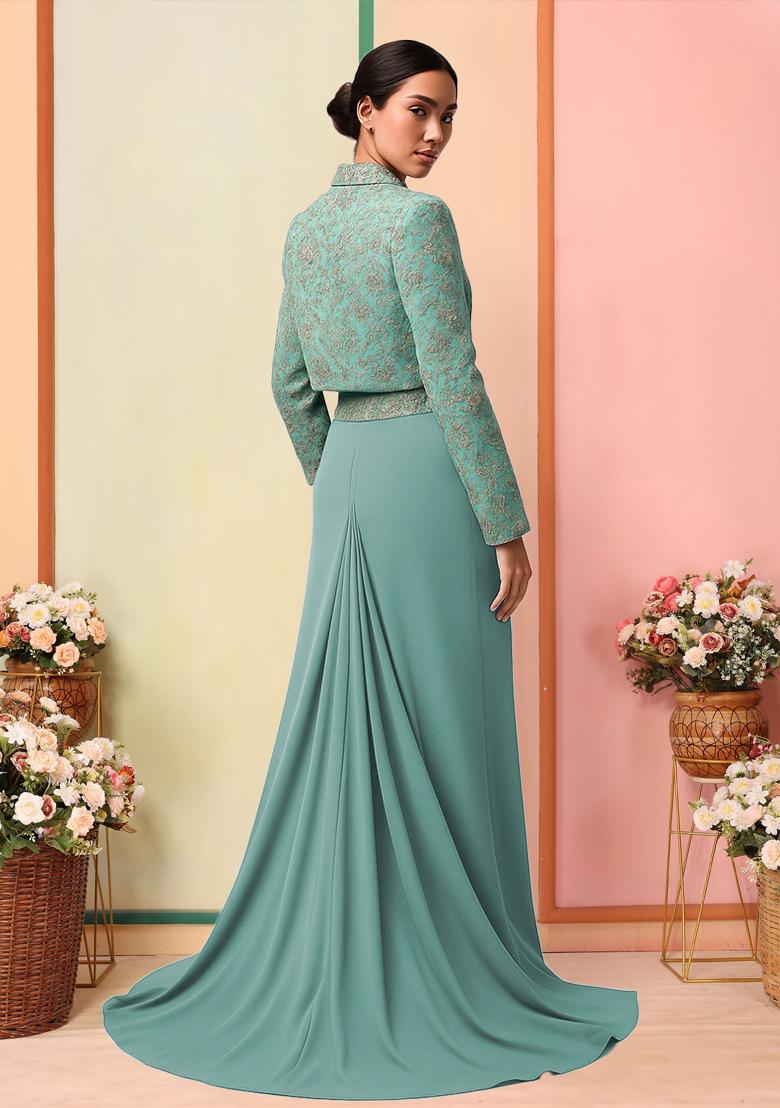 Blue Embroidered Jacquard Fusion Set - Indya