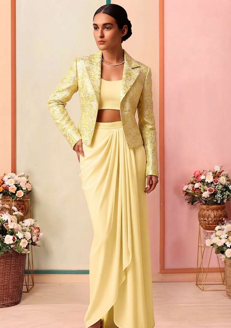 Green Embroidered Jacquard Fusion Set - Indya