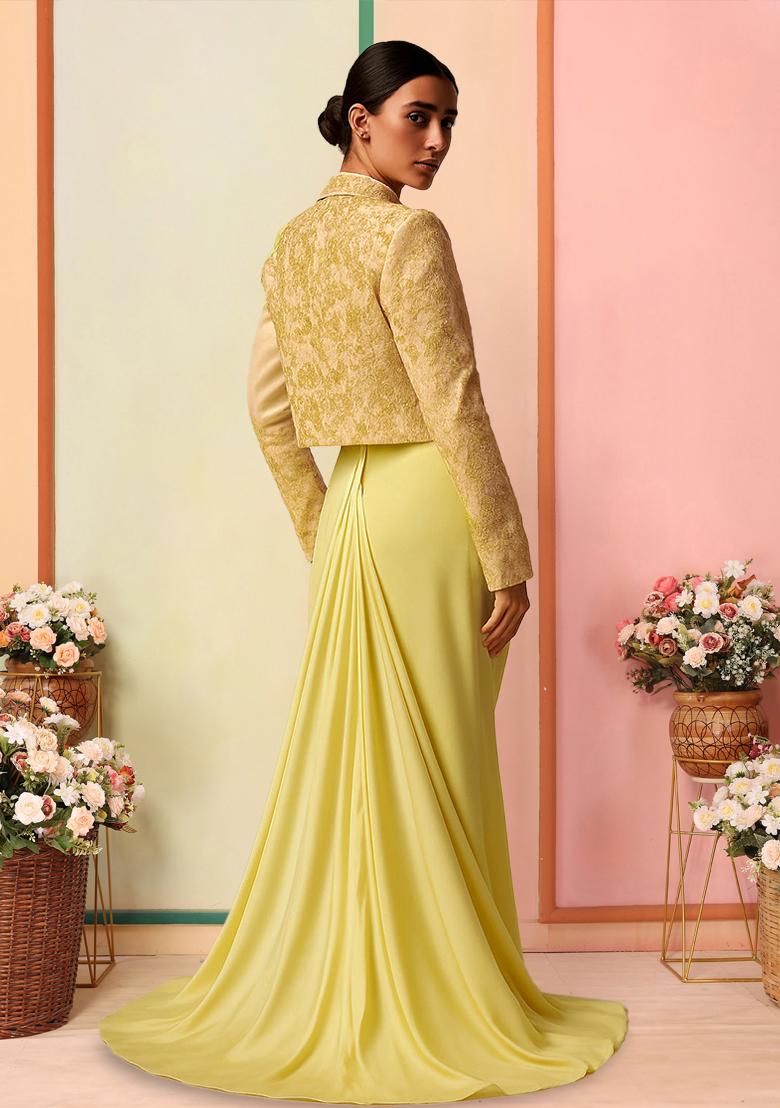 Green Embroidered Jacquard Fusion Set - Indya