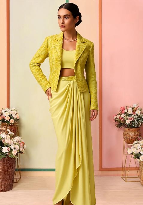 Green Embroidered Jacquard Fusion Set