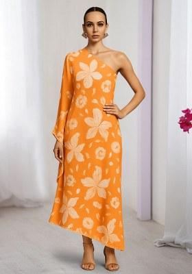 Orange Floral Print Georgette Dress