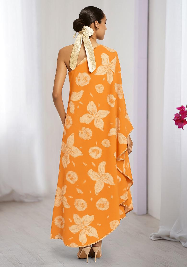 Orange Floral Print Georgette Dress - Indya