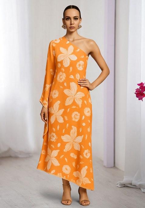 Orange Floral Print Georgette Dress