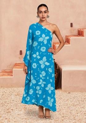 Blue Floral Print Georgette Dress