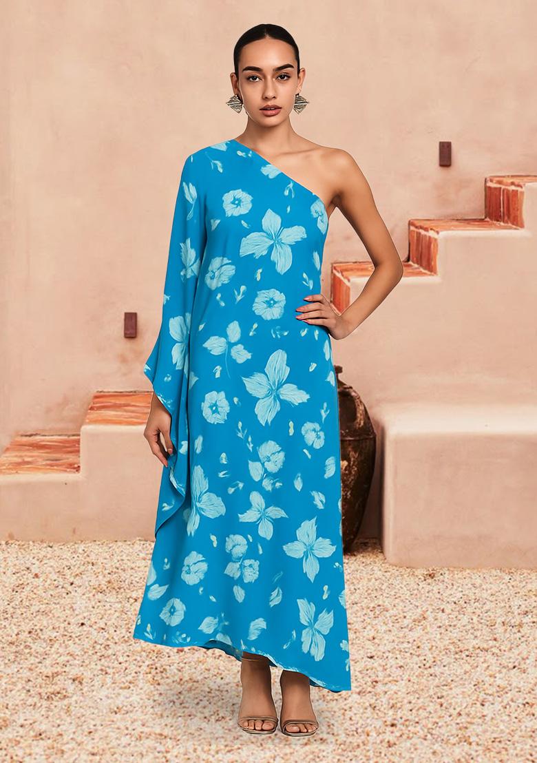 Blue Floral Print Georgette Dress