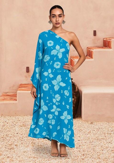 Blue Floral Print Georgette Dress