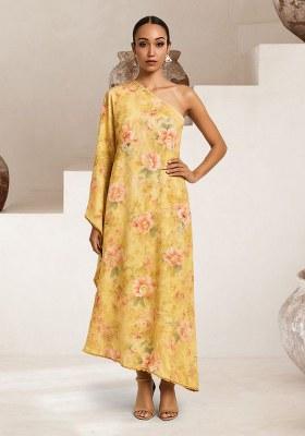 Yellow Floral Print Chiffon Dress