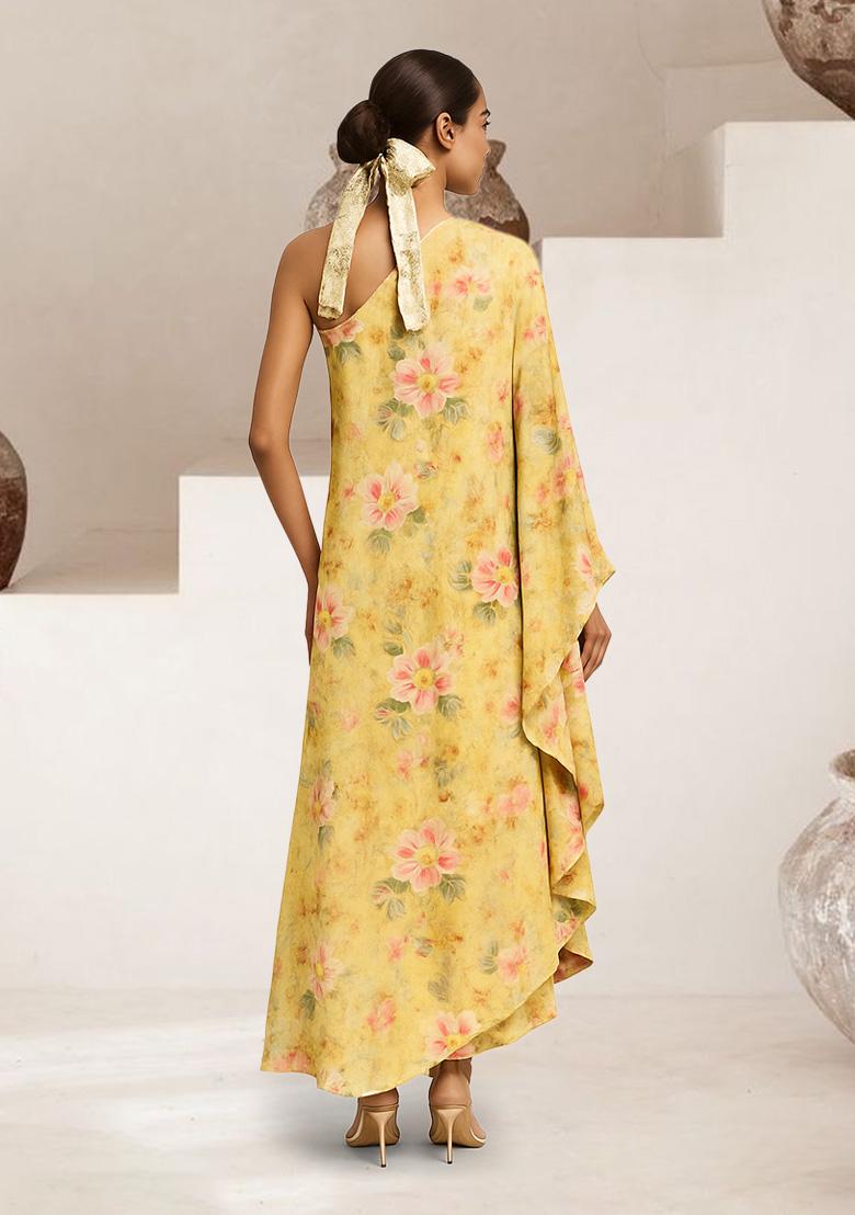 Yellow Floral Print Chiffon Dress - Indya