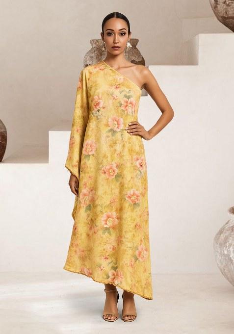 Yellow Floral Print Chiffon Dress
