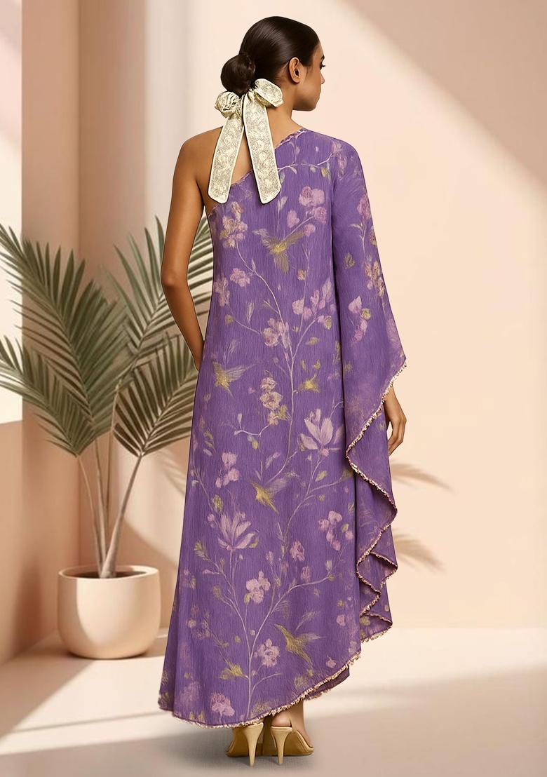 Purple Floral Print Chiffon Dress - Indya