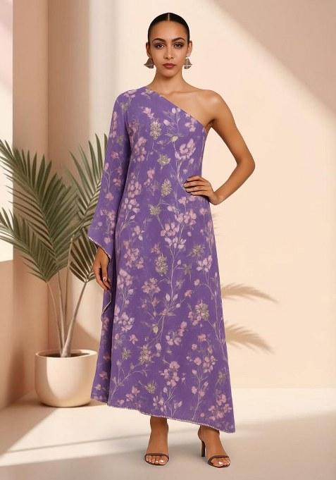 Purple Floral Print Chiffon Dress