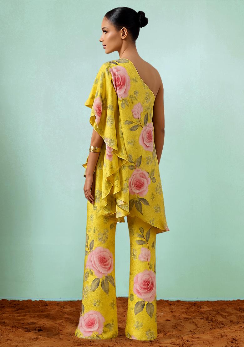 Multi Color Floral Print Satin Fusion Set - Indya