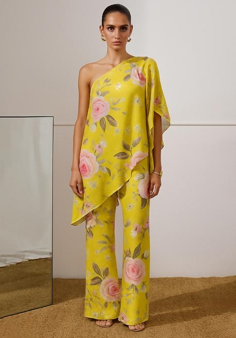 Multi Color Floral Print Satin Fusion Set