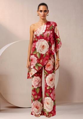 Multi Color Floral Print Satin Fusion Set