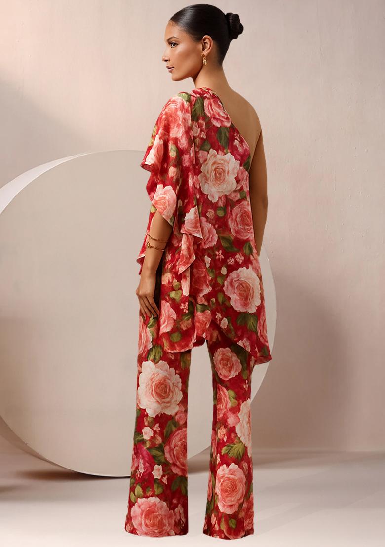 Multi Color Floral Print Satin Fusion Set - Indya