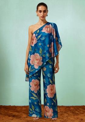 Multi Color Floral Print Satin Fusion Set