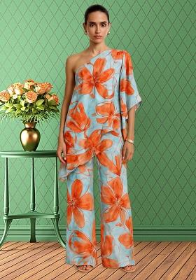 Multi Color Floral Print Satin Fusion Set