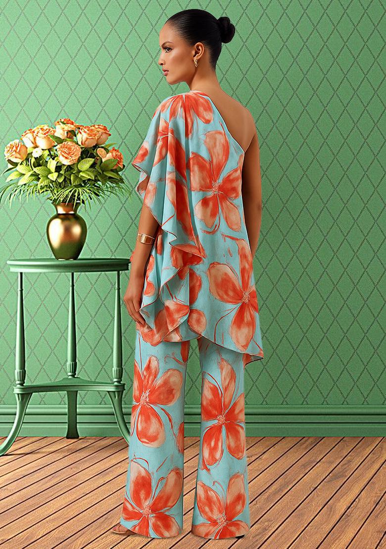 Multi Color Floral Print Satin Fusion Set - Indya