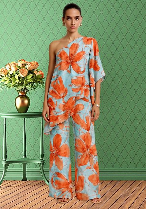 Multi Color Floral Print Satin Fusion Set