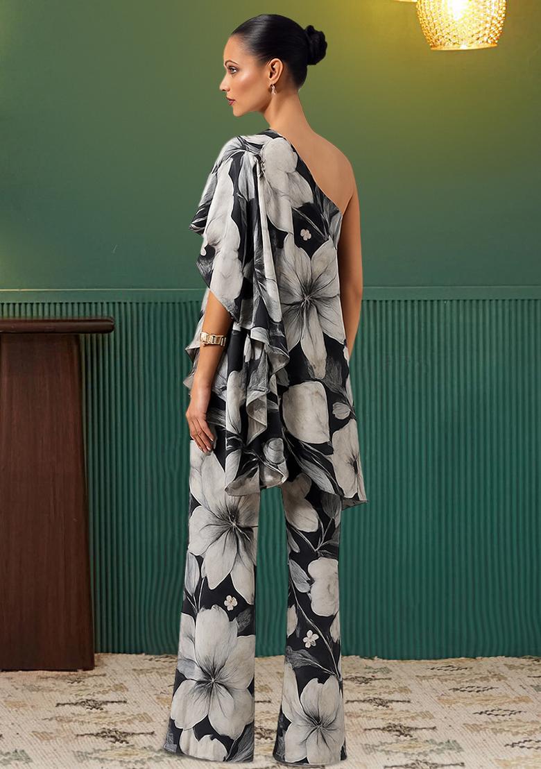 Multi Color Floral Print Satin Fusion Set - Indya