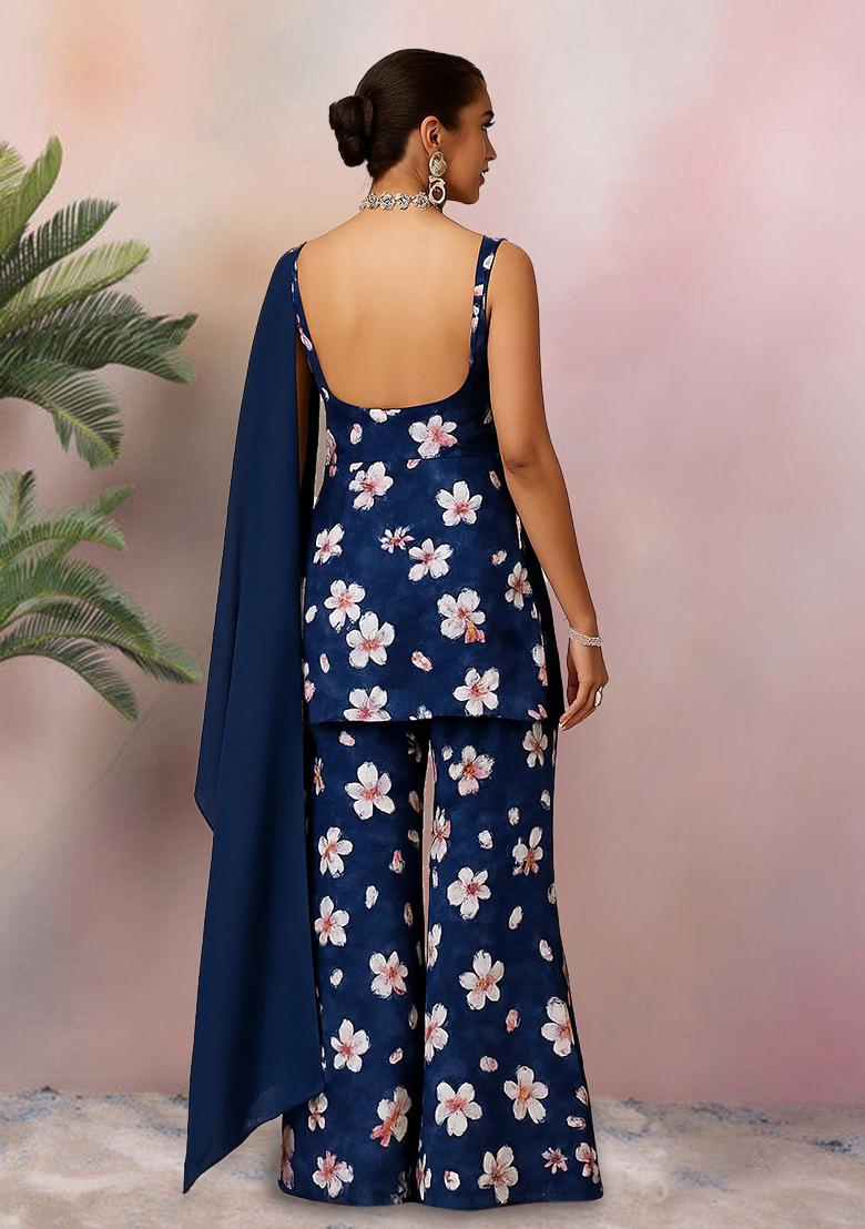 Blue Floral Print Satin Fusion Set - Indya