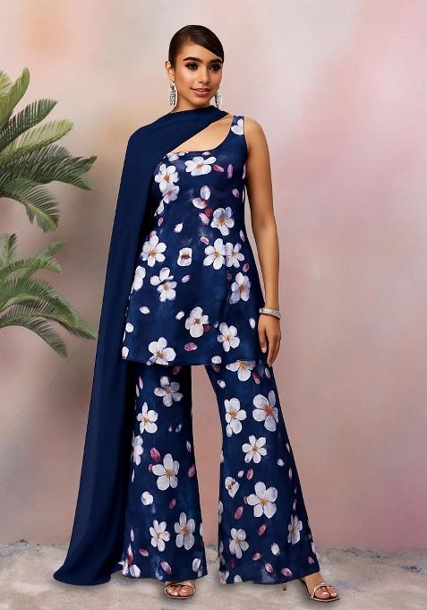 Blue Floral Print Satin Fusion Set