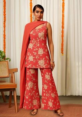 Peach Floral Print Satin Fusion Set