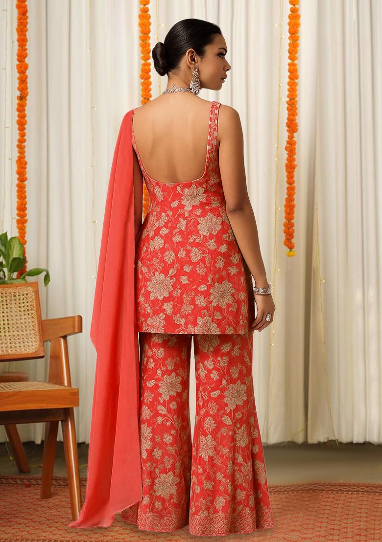 Peach Floral Print Satin Fusion Set - Indya