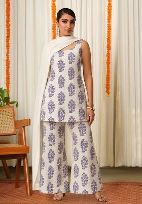 Beige And Purple Printed Satin Fusion Set