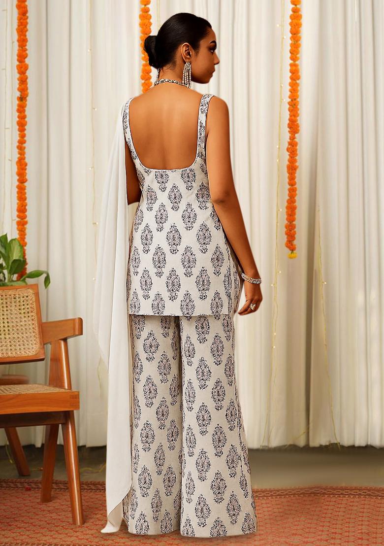 Beige And Purple Printed Satin Fusion Set - Indya