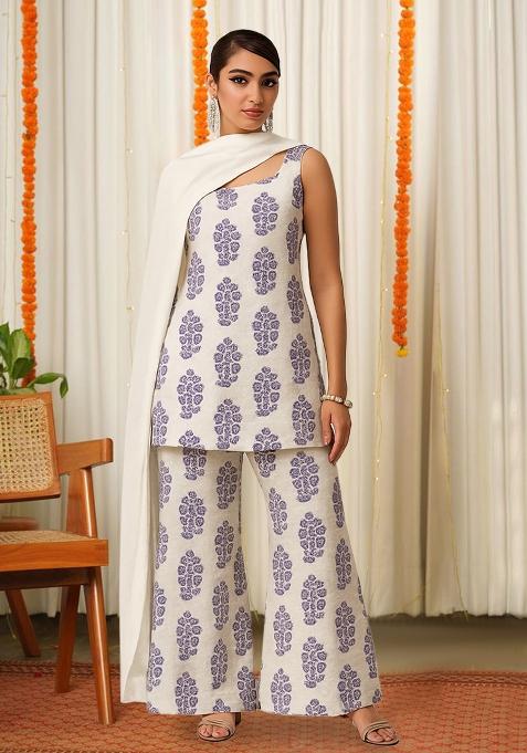 Beige And Purple Printed Satin Fusion Set