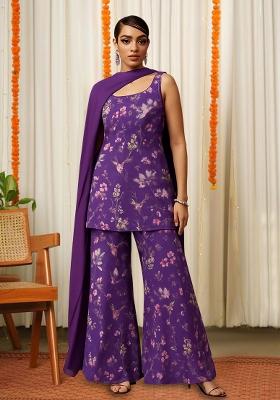 Purple Floral Print Chiffon Fusion Set