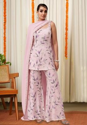 Pink Floral Print Satin Fusion Set