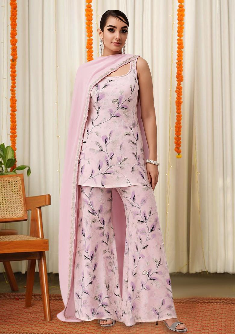 Pink Floral Print Satin Fusion Set - Indya