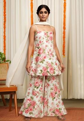 White Floral Print Satin Fusion Set