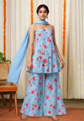 Blue Floral Print Satin Fusion Set