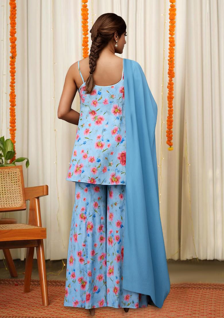 Blue Floral Print Satin Fusion Set - Indya
