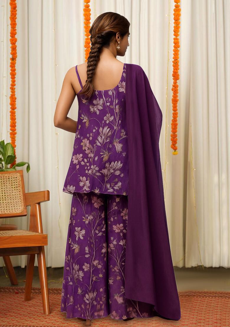 Purple Floral Print Chiffon Fusion Set - Indya