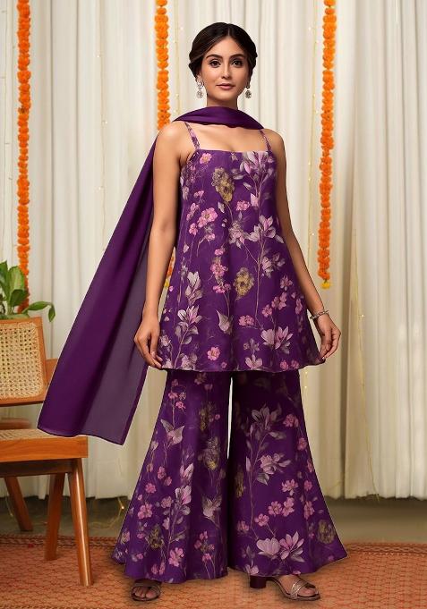 Purple Floral Print Chiffon Fusion Set