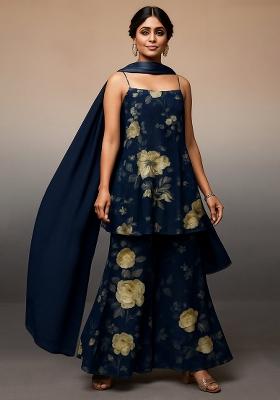 Blue Floral Print Satin Fusion Set