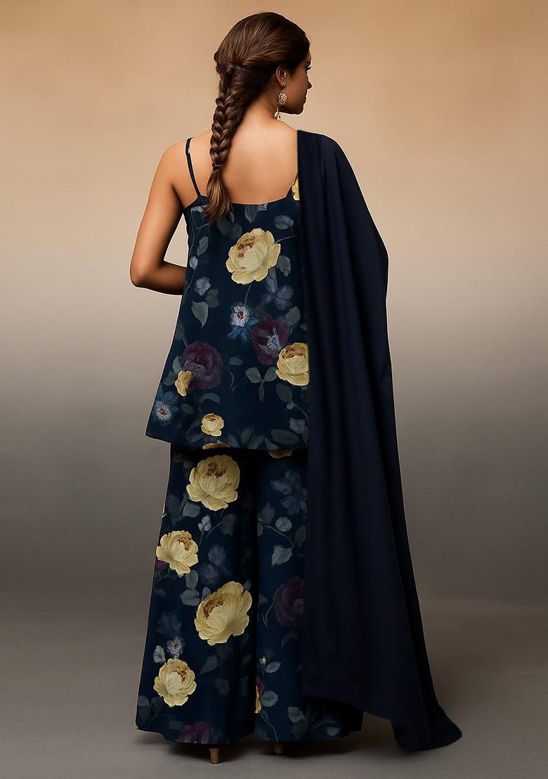 Blue Floral Print Satin Fusion Set - Indya