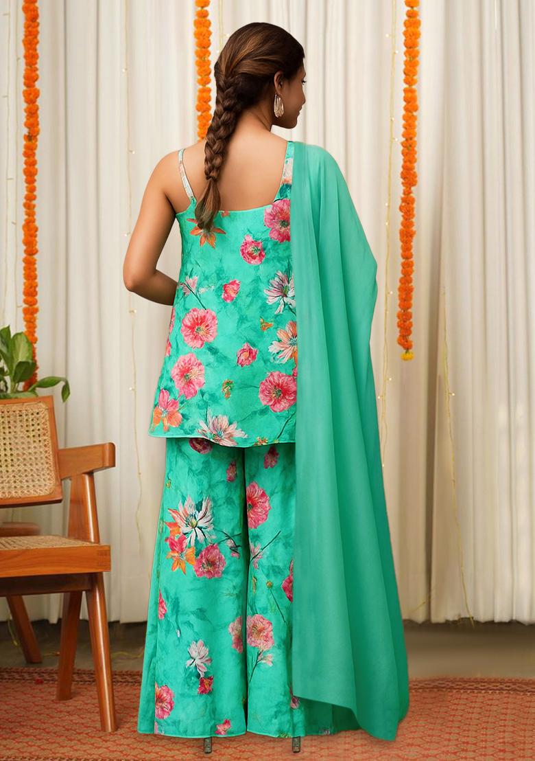 Green Floral Print Satin Fusion Set - Indya