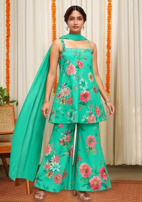 Green Floral Print Satin Fusion Set