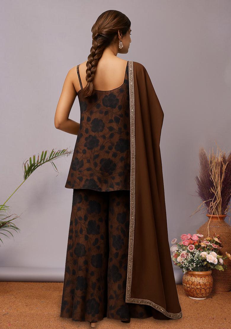 Brown Floral Print Satin Fusion Set - Indya
