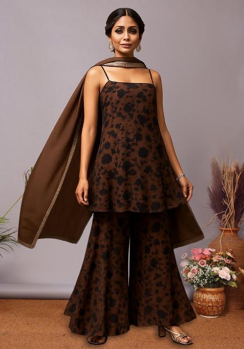 Brown Floral Print Satin Fusion Set