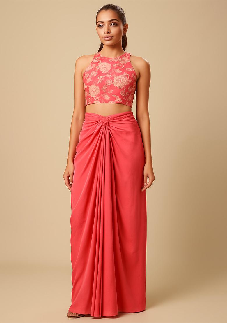 Orange Printed Satin Fusion Set