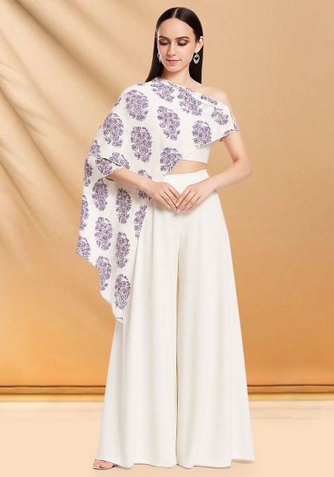 White Floral Print Satin Fusion Set