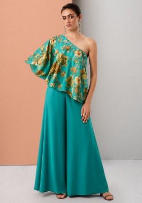 Green Floral Print Satin Fusion Set