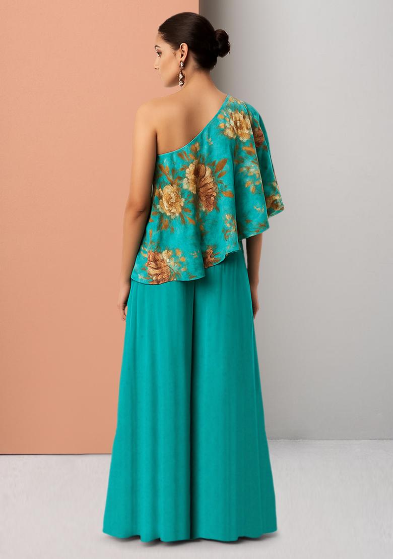 Green Floral Print Satin Fusion Set - Indya
